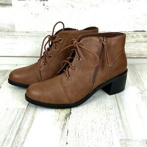 Easy Street Women’s 10 Brown Faux Leather Lace Up Heeled Ankle Boot Boho NEW